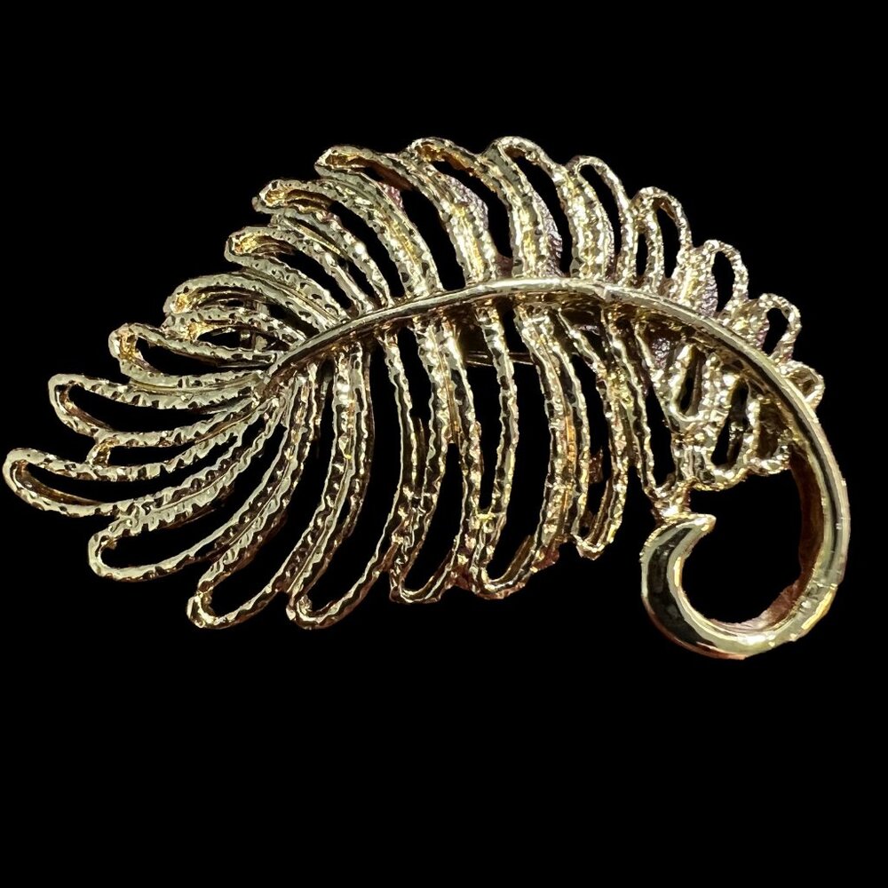 Gerrys Brooch Feather Gold Tone‎ Leaf 2" Pin Vintage